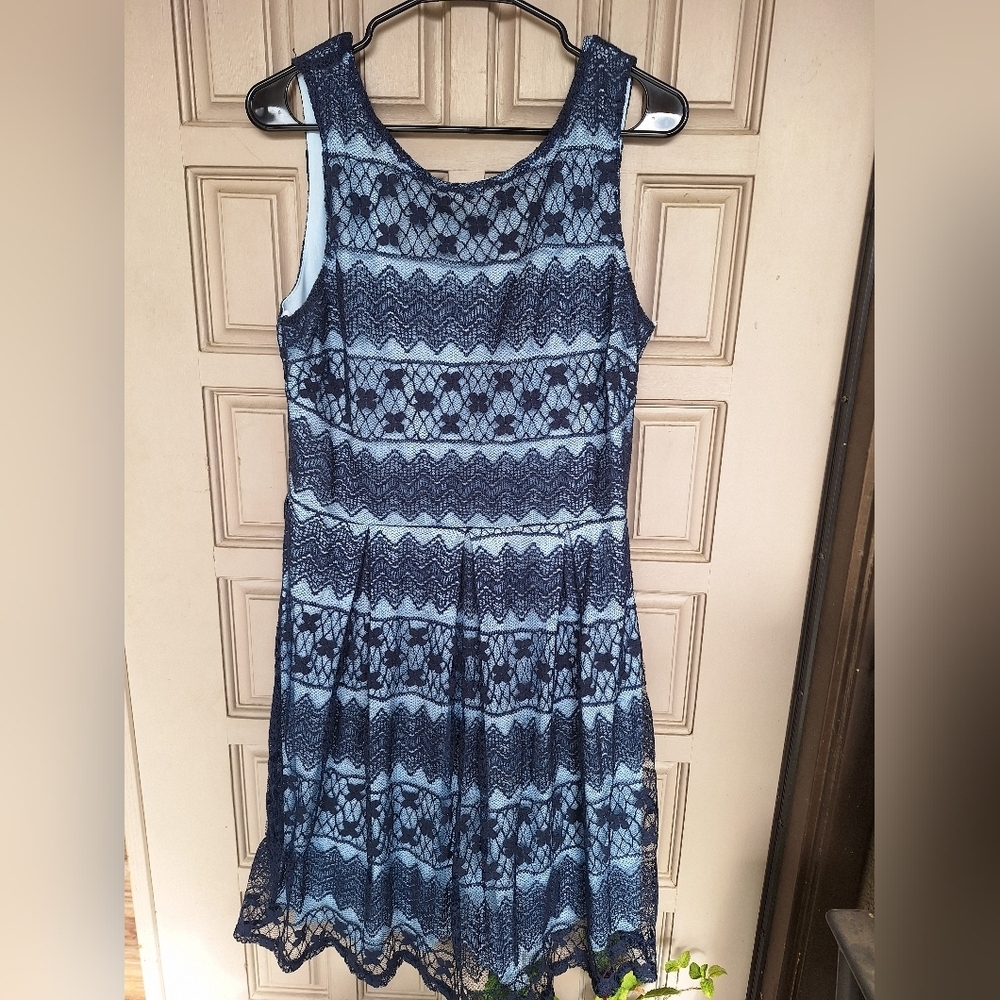 Blue Dress Lace Overlay PlusSz14 Zip Back Sleeveless Scoop Neck Drop  Waist